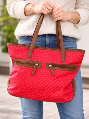 GAL Red Polka Dot Tote Bag with Brown Accents